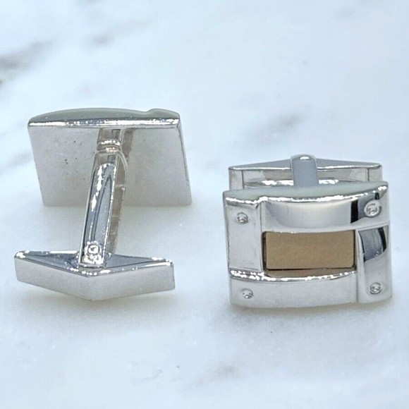 925 Silver Trim & 14K Gold Center Rectangle Elegant Formal Whale Back Cufflinks - Picture 6 of 10